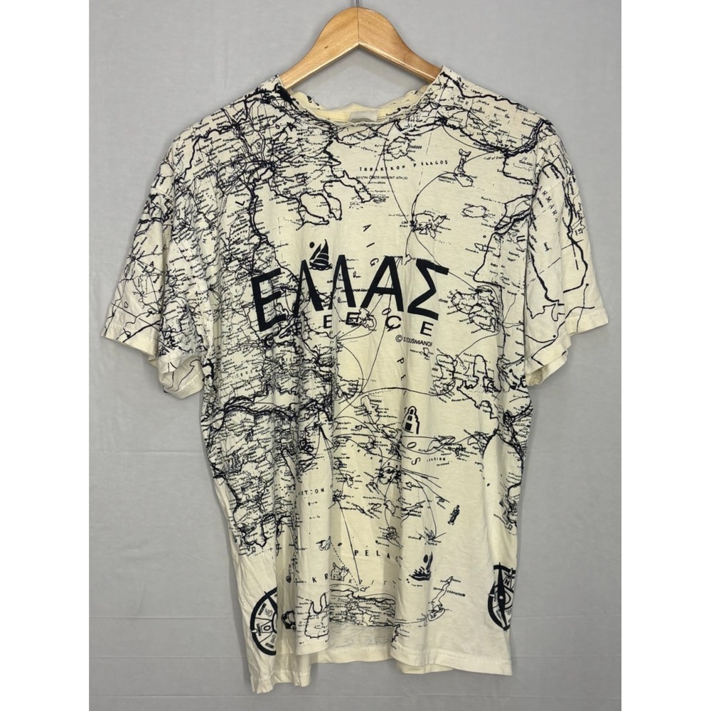 Greece Map All Over Graphic T-Shirt‎ Mens White Large Vintage 90s B&C Collection